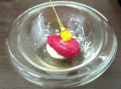 Sorbet betterave rouge, blinis aux noix