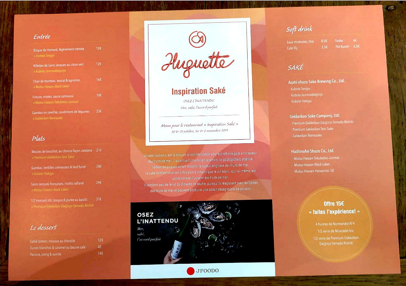 Carte Inspiration Saké – Restaurant Huguette Bistro de la Mer Paris 6